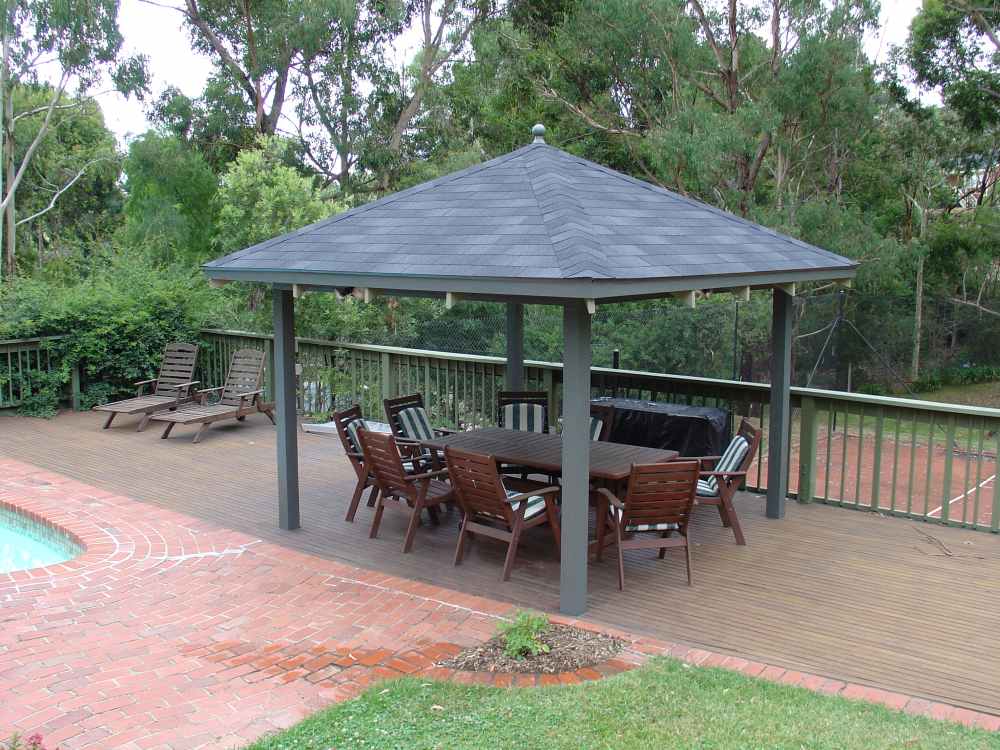 After photo of permanent shingle roof on Bali hut gazebo