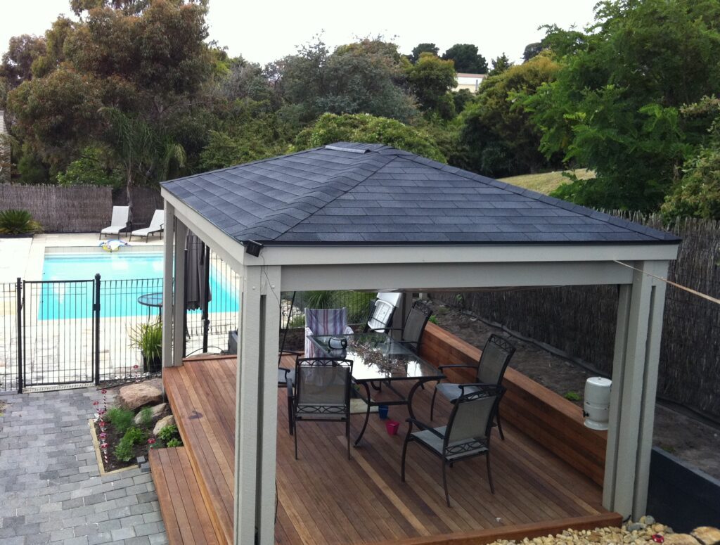 Luxury Poolside Gazebo Australia Poolside gazebo with modern shingle roof in Australia