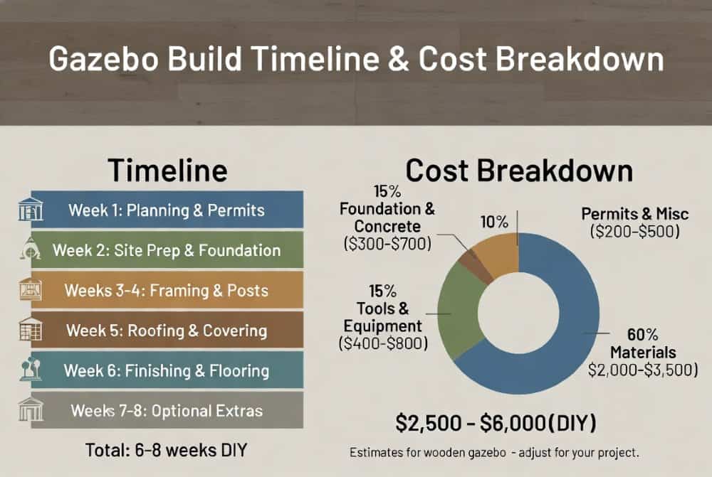 Infographic showing Gazebo Build Timeline and Cost Breakdown in AUD for a typical 3m x 4m wooden hardtop DIY gazebo.