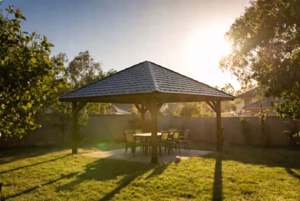 Beautiful completed asphalt shingle gazebo in Australian backyard with call to action