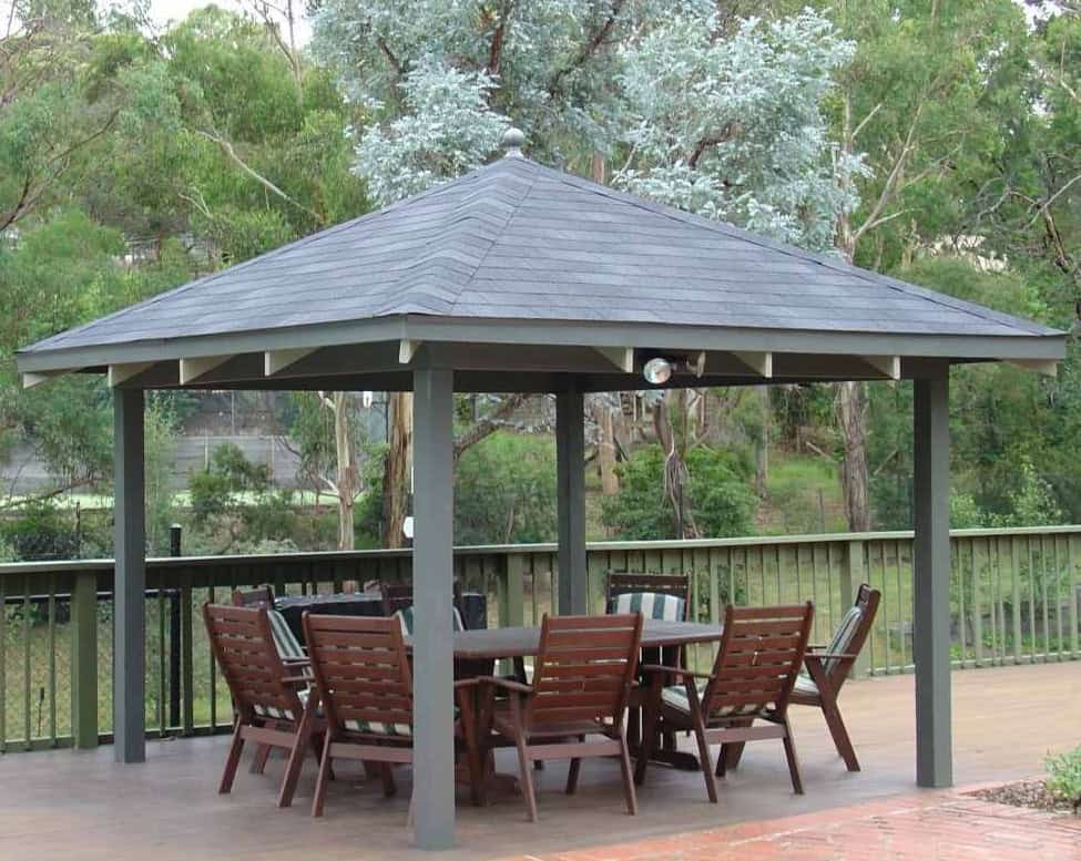 How to build a gazebo - permanent timber structure with asphalt shingle roof in Australian backyard