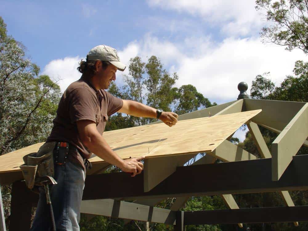 Installing 12mm structural plywood sheets on gazebo roof deck with staggered joints Australia DIY