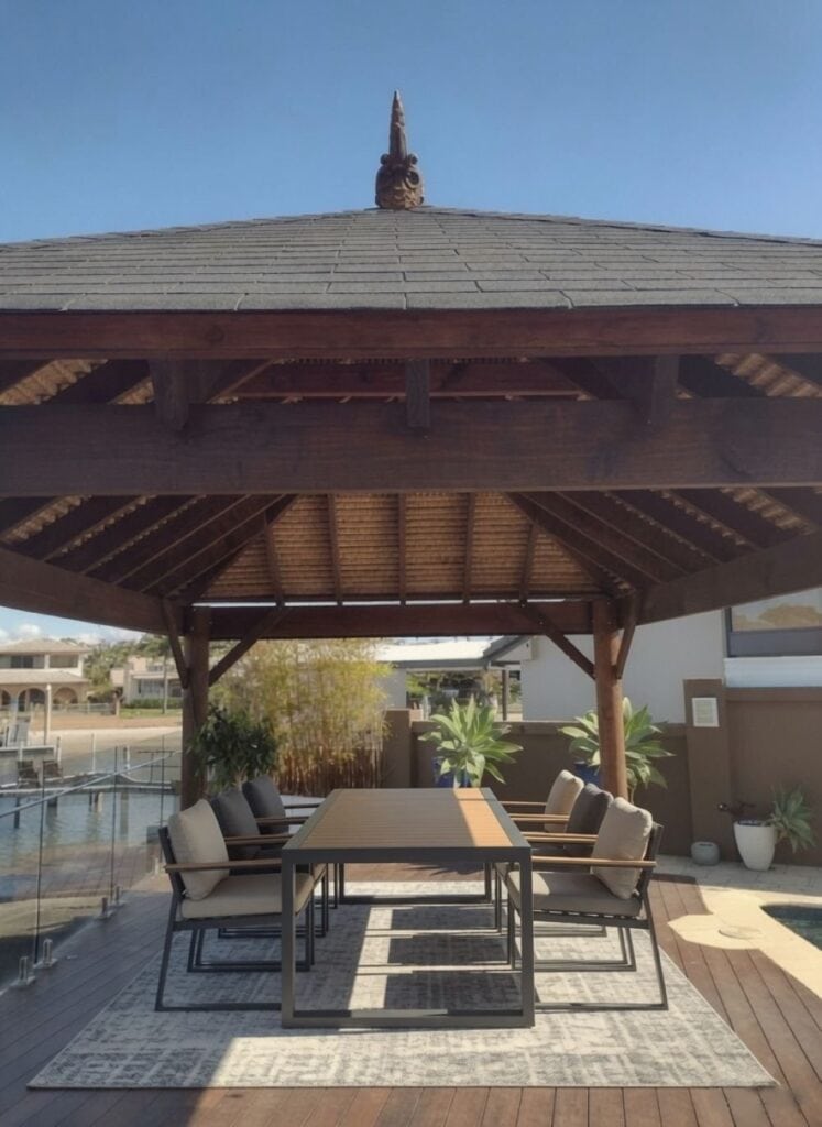 Outdoor Gazebos Australia 7 Asphalt shingles installed over natural bali thatch roof on a stylish gazebo